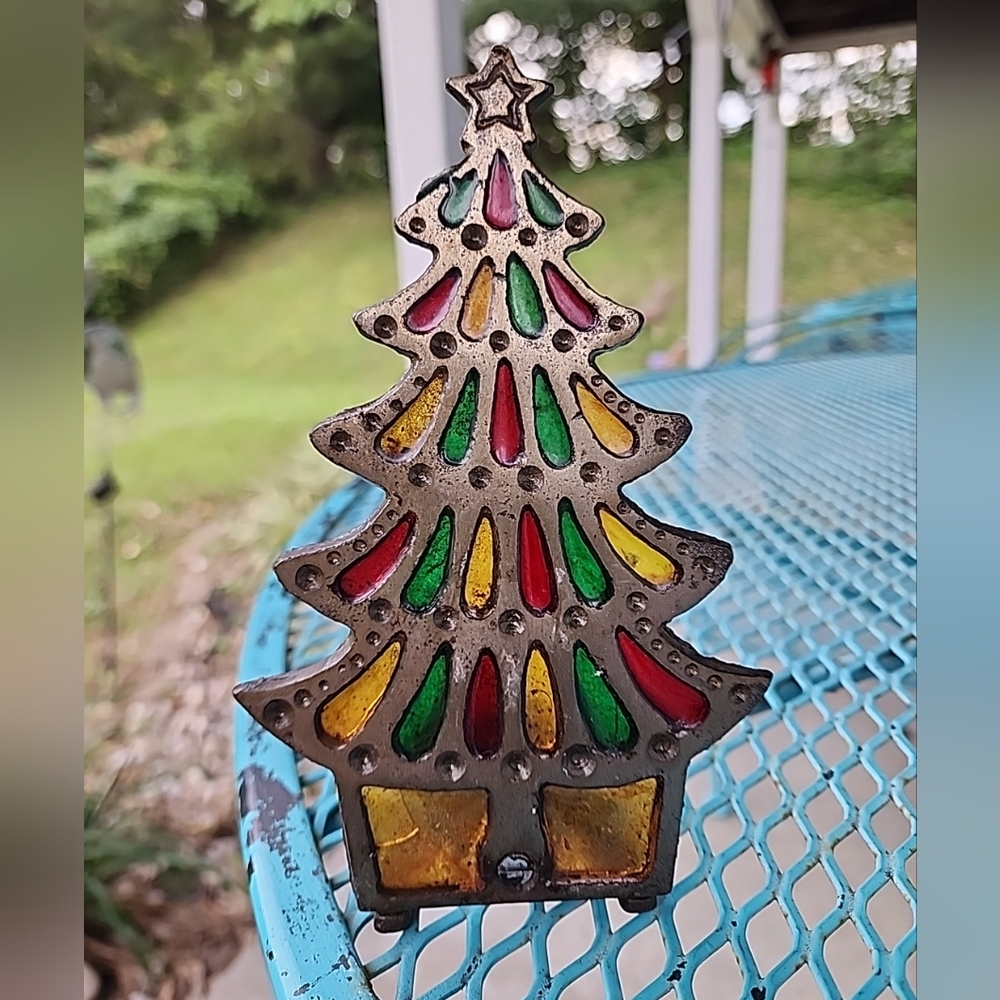 Vintage STAINED GLASS Christmas Tree Candle Holder Cast Iron Votive Tea Light